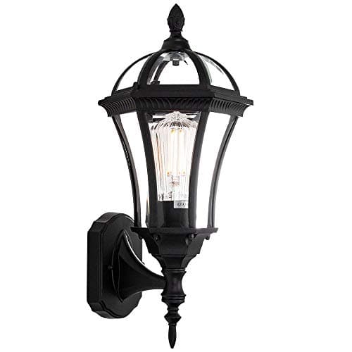 Image of Happy Homewares Traditional Treated Cast Aluminium Matt Black Outdoor Lantern Wall Light Fitting with Bevelled Glass Panels - IP44 Rated - 60w Max Bulb