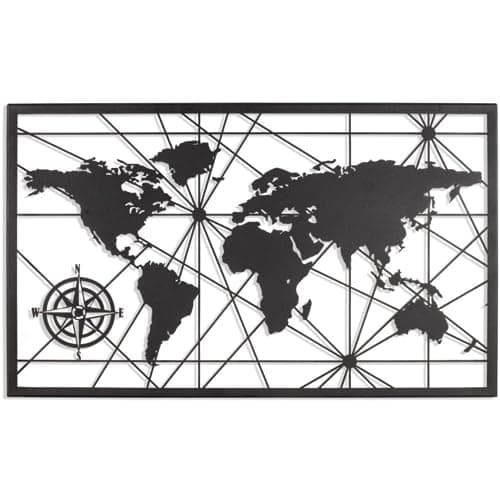 Image of Metal Wall Art For Garden & Home - Indoor Living Room, Bathroom, Kitchen, Bedroom & Outdoor Fence, Patio Wall Suitable. Non-Bend Black Metal Large World Map Hanging Decoration Contemporary Wall Art