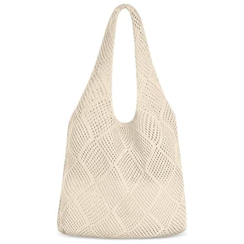 Image of Aucuu Women Knitted Handbags, Retro Hollow Woven Shoulder Bags, Boho Shoulder Bag, Crochet Mesh Tote Bag, Beach Bag for Women, Travel Shopping Handbag for Holiday, Daily Work, Shopping, Travel