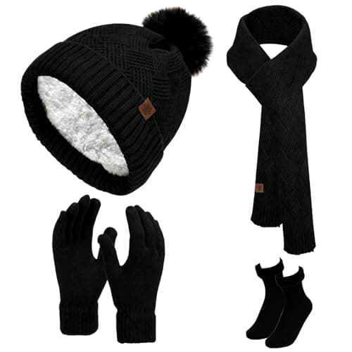 Image of HESUSLA Winter Hat Scarf Gloves Set for Women 3 in 1 with Socks | Warm Knitted Beanie Pom Pom, Fleece Lined Touchscreen Gloves, Long Cosy Scarf | Ladies Cold Weather Gift Idea (Black)
