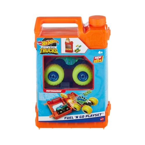 Image of Hot Wheels Monster Trucks 1:64 Scale Toy Truck Playset, Fuel N’ Go Gas Can Transforms Into Stunting Arena, With Motosaurus & 2 Crushed Cars, HXT04
