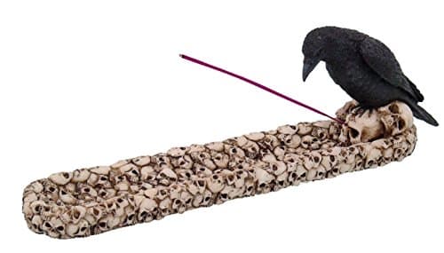 Image of Black Raven Bird Stalking Prey Incense Burner on Skull Mound Statue Figurine