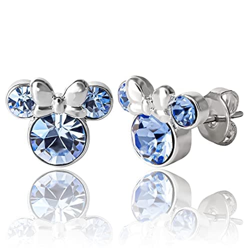 Image of Disney Minnie Mouse Birthstone Jewelry, Silver Plated Crystal Stud Earrings for Women and Girls Mickey's 90th Birthday Anniversary