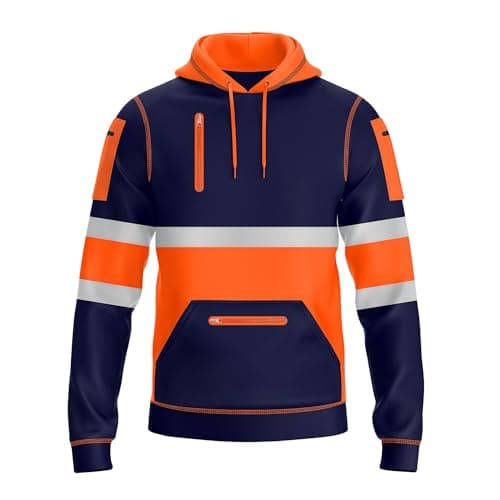 Image of NOROZE Mens Hi Vis Hoodie with Reflective Tape, Pullover High Vis Hoodie for Safety Workwear– 4 Utility Zipped Pockets, Work Hoodies for Men, High Visibility Hooded (L, Style 2: Neon orange/Navy)