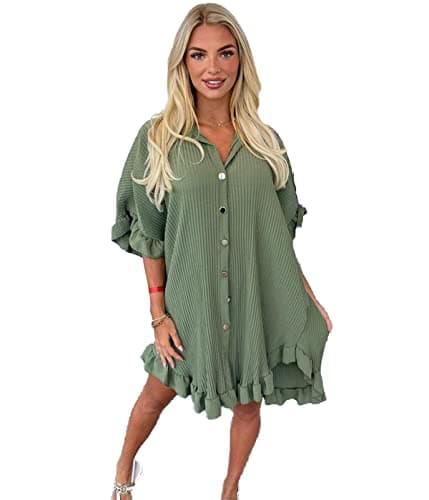 Image of eyes Women’s Gold Button Pleated Short Sleeve Plain Collared Frill Hem Ladies Casual Loose Fit Oversized Baggy Plus Size Swing Summer Dresses for Women Khaki One Size 8-22