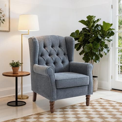 Image of COLAMY Mid-Century Modern Living Room Accent Chair, Button Tufted Wingback with Thick Padded Seat, Upholstered Armchair, Fabric Sofa Arm Chair with Solid Wood Legs for Bedroom/Office/Café,Dark Blue