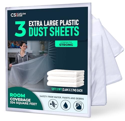 Image of CS 3 Pack Extra Large Plastic Dust Sheets for Decorating 3.6 x 2.7m (12x9 ft), Dust Sheets for Painting, Clear Plastic Sheet Polythene Sheeting Painting Tools, Decorating Tools, Home Improvement
