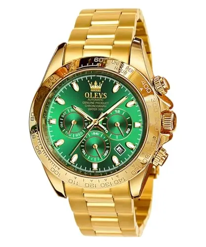 Image of OLEVS Automatic Watches for Men Gold Mechanical Self Winding Stainless Steel Multifunction Chronograph Analogue Waterproof Date Luminous Gent Wrist Watch Green Blue Dial