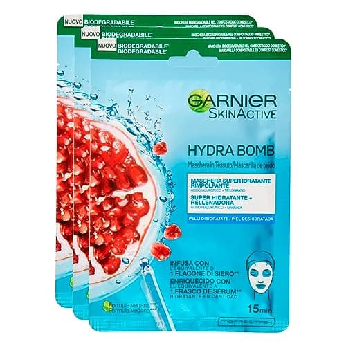 Image of Garnier SkinActive Hydra Bomb Super Moisturising and Replenishing Fabric Face Mask with Pomegranate and Hyaluronic Acid - 3 Packs