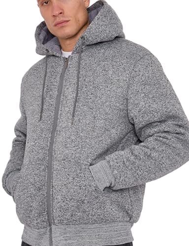 Image of LABEL APPAREL Men’s Fur-Lined Zip-Up Hoodie – Ultra-Warm Winter Jacket with Plush Lining, Adjustable Hood & Pockets – Casual Two-Tone Fleece Sweatshirt Grey (Medium)