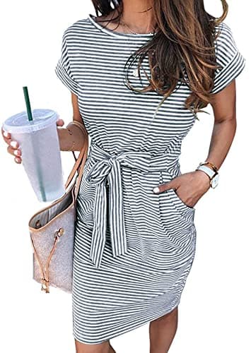 Image of Merokeety Women's Summer Striped Short Sleeve T Shirt Dress Casual Tie Waist with Pockets, Dusty Blue, XL