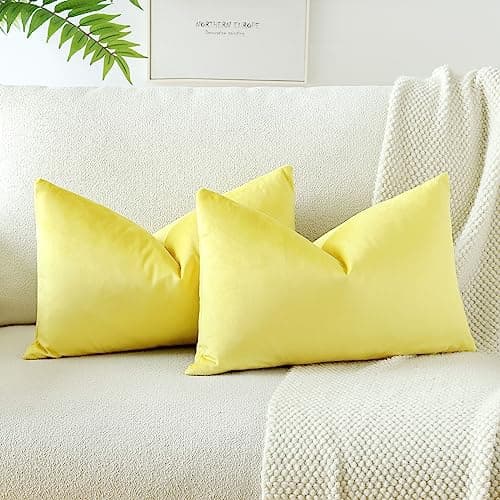 Image of JOTOM Set of 2 Velvet Soft Solid Cushion Covers 30x50 cm Decorative Throw Pillow Covers Soft Lumbar Cushion Case Couch Home Decor Throw Pillow Cases for Sofa Bedroom 12x20 Inch (Lemon Yellow)