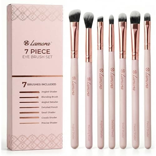Image of Lamora Eyeshadow Brush Set - Precision Eyeshadow Brushes For Blending Defining Smudging Shading Powdered and Liquid Eye Make-Up - 7 Pro Eye Makeup Brushes With Vegan Bristles
