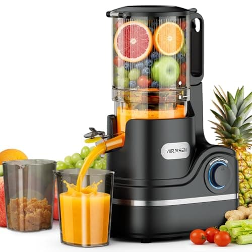 Image of AIRMSEN Juicer Machines, 147MM Wide Chute Cold Press Juicer for Whole Fruit and Vegetable, 2.1L Auto-Feed Time-Saver, 7+1-Stage New Upgraded Auger Slow Masticating High Yield, Easy to Clean Black
