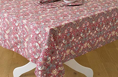 Image of William Morris Red Strawberry thief 132cm x 229cm Cotton Tablecloth