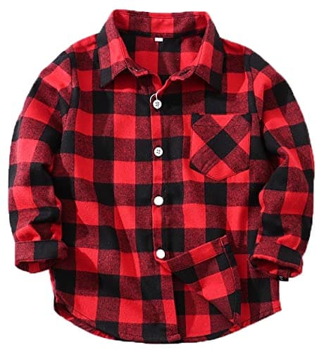 Image of Coralup Kids Cotton Plaid Button Down Long Sleeve Shirt for Boys Girls Red 10-11Years