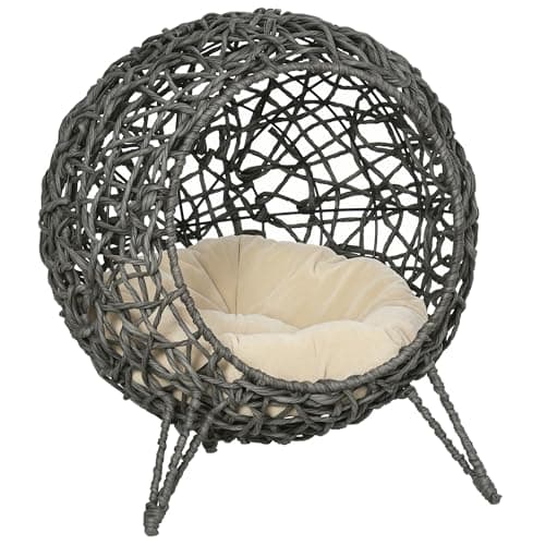 Image of PawHut Rattan Elevated Cat Bed House Kitten Basket Ball Shaped Pet Furniture w/Removable Cushion - Silver-Tone and Grey