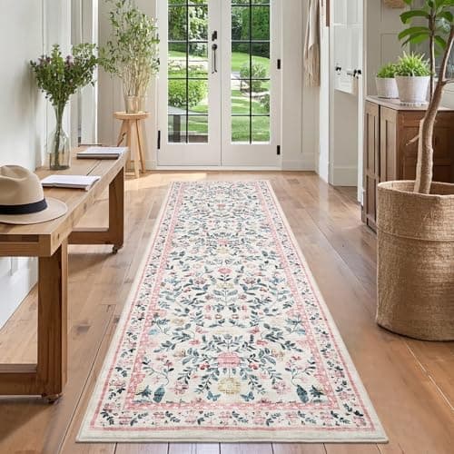 Image of CAROMIO Hallway Runner Rug 60x180 cm, Floral Bedside Rugs Bedroom, Washable Farmhouse Carpet for Living Room, Low Pile Foldable Floor Mat for Kitchen, Pink