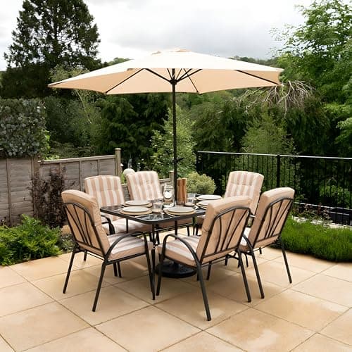Image of Hectare 6 Seater Metal Garden Furniture Outdoor Dining Set with Table and Parasol in Beige Stripe