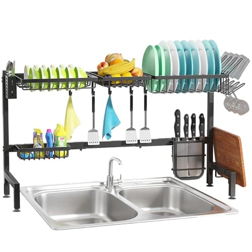 Image of FREEAMG Over The Sink Drainer Rack with Fruit Basket, Expandable Over Sink Dish rack Adjustable Length(85~100cm), Kitchen Dish Rack, 2 Tier Over The Sink Dish shelf with Metal Hooks(Black)