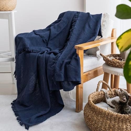 Image of Milam London Cotton Throw Blanket | Soft Throws For Armchairs, Sofa, Settee | Single Bed Throw, Navy Blue - 170 x 200 cm