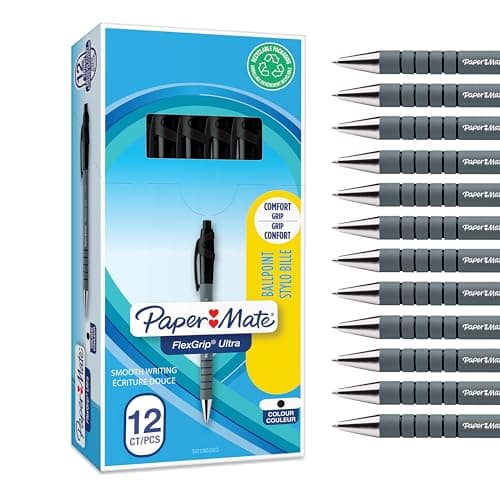 Image of Paper Mate Flexgrip Ultra Retractable Ballpoint Pens | Medium Point (1.0mm) | Handwriting Pens & Stationery Supplies | Black Pen Set | 12 Count