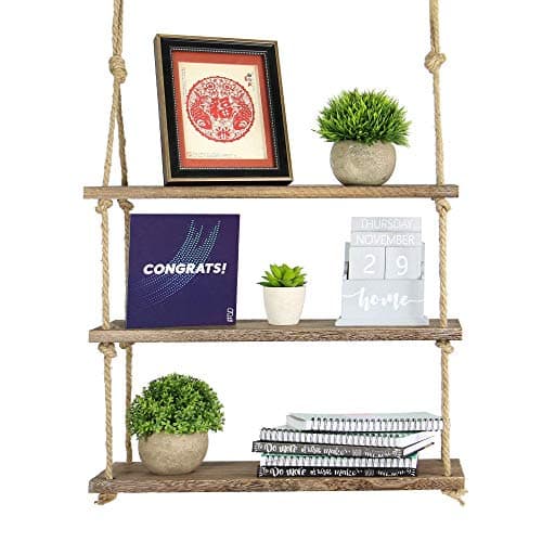 Image of Wooden Hanging Shelf | Wall Mounted Rope Shelving | Boho Chic Shelf | Rustic Jute Rope Shelf | Solid Wood Shelves | Fixtures Included | M&W (3 Tier)