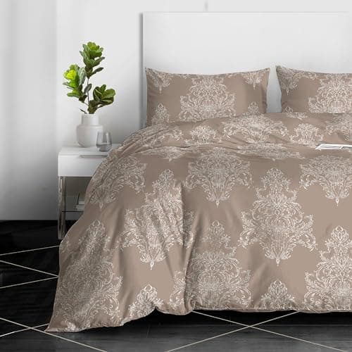 Image of RAYBedding 3PCS King Size Duvet Cover Set 100% Egyptian Cotton Bedding King Size Bed Set 400 Thread Count Floral Printed Beige Bliss Duvet Cover King with Pillow Cases 2 Pack