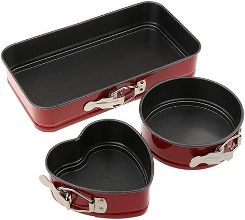 Image of Set of 3 Non Stick Bakeware Set Cake Tins Set, Leakproof Springform Baking Tray, Heart Round Square Bake Tray, Kitchen Craft Baking Supplies (Red)
