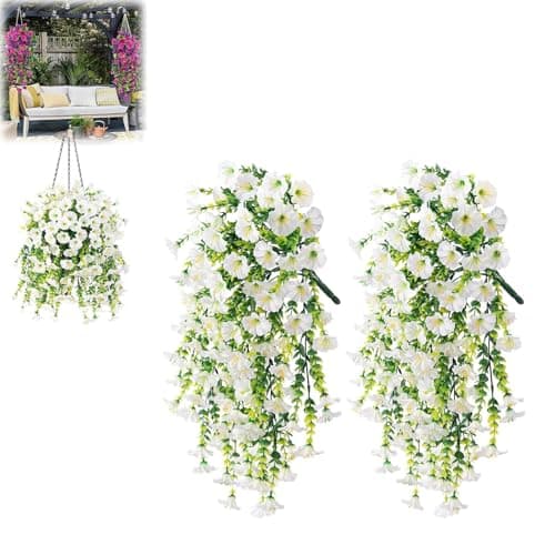 Image of Kouamor 2Pcs Plastic Flowers for Outdoors, 75cm Artificial Hanging Flowers, Faux Hanging Baskets, Artificial Hanging Baskets, No Fade Plastic Flowerss Decoration, for Garden Porch Window (white)