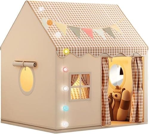 Image of Kids Tent Playhouse with Star Lights and Tote Bags, Kids Play Tent Indoor & Outdoor, Washable Teepee Tent for Boys & Girls, Toy House for Toddler, Neutral Color Play Room Furniture (Beige-1)