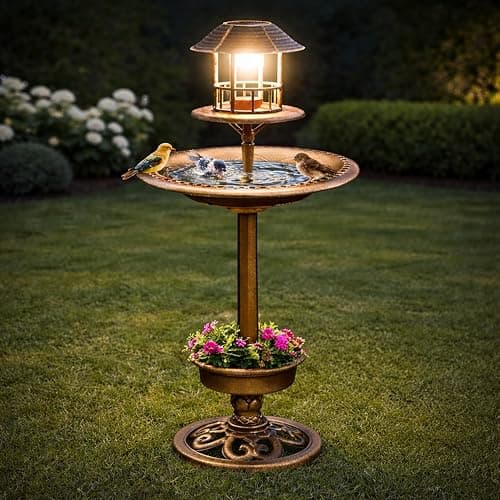 Image of Garden Mile Large Solar Bird Bath with LED Light Bronze Effect Outdoor Bird Feeder & Flower Planter - UV Resistant Garden, patio Ornament for Wildlife 4 Tier Feeding Station with Solar Lantern