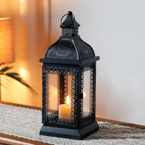 Image of TRIROCKS Rustic Style Metal Candle Lantern Decorative Hanging Candlestick Holder with Tempered Glass for Christmas Living Room Garden Yard Patio Parties Events Indoors Outdoors(Black)