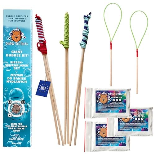 Image of Bubble Brothers Giant Bubble Kit for Kids 5 Bubble Wand and 15 Liters Bubble Mixture Kids Garden Toys with Bubble Solution and 5 Bubble Makers wooden Outdoor Toys Big Bubble Set with Bubble Liquid
