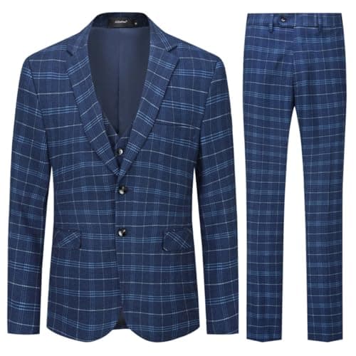 Image of Allthemen Mens Suits 3 Piece Slim Fit Checked Suit / Single Breasted Herringbone Vintage Suit Tuxedo Formal Business Jacket Waistcoat Trouser, , , XL, Navy