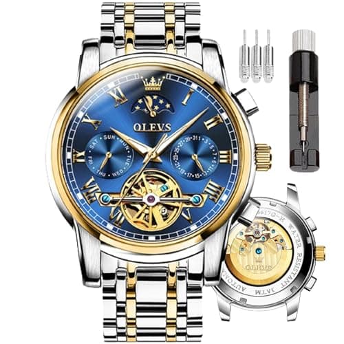 Image of OLEVS Mens Automatic Watches Skeleton Mechanical Self Winding Luxury Dress Wrist Watch Moon Phase Day Date Waterproof Luminous Two Tone Watches Gifts