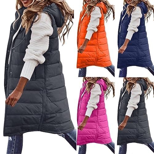 Image of Keepink Women's Long Gilets Vests Lightweight Zip Puffer Jacket with Hood Winter Sleeveless Quilted Down Coat Hoodies Warm Thick Padded Waistcoat Casual Outerwear Bodywarmer Plus Size S-5XL