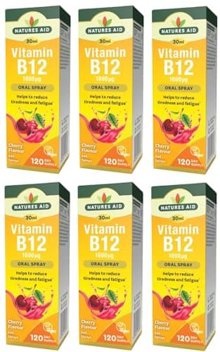 Image of Natures Aid Vitamin B12 Daily Oral Spray - Natural High Strength 1000μg - Supports Energy Tiredness Fatigue - 30ml - Pack of 6