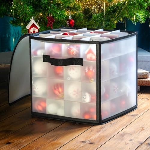 Image of CKB LTD Clear Christmas Bauble Storage Box Cube With Dividers Stores up to 64 Baubles, Foldable Xmas Ornaments and Decorations Container 30 x 30 cm (Transparent)