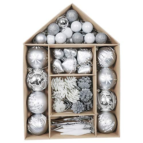 Image of Victor's Workshop 70pcs Shatterproof Christmas Baubles Pack, Frozen Winter Silver and White Christmas Ball Ornaments for Tree Decoration