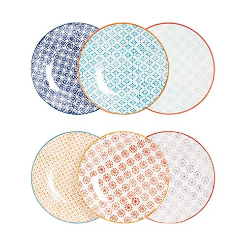 Image of Nicola Spring Hand-Printed Side Plates - 18cm - 6 Colours - Pack of 6 - Porcelain Decorative Patterned Dining Dish Plates for Snacks, Starters, Dinner, Dessert