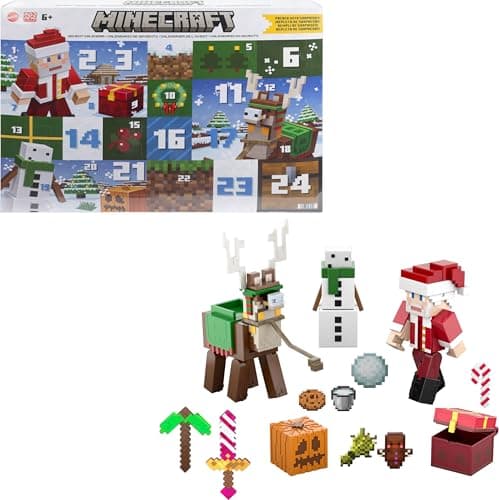 Image of Mattel Minecraft Advent Calendar, 3 3.25-in Scale Action Figures including Santa, 17 Accessories & 4 Stickers, Pixelated Design, HXM86