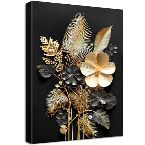 Image of Wooden Framed Canvas Wall Art 3D Black Gold Flowers Painting on Canvas Prints Poster Tropical Coconut Leaves Bouquets Pictures for Living Room Bedroom Home Office Hallway Corridor Wall Decor 30x40cm