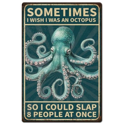 Image of Hobbspring Vintage Metal Tin Signs Funny Octopus Signs Sea Animal Octopus Metal Sign for Home I Could Slap 8 People At Once Iron Poster for Bathroom Kitchen Coffee Shop Club Bar 30x20cm