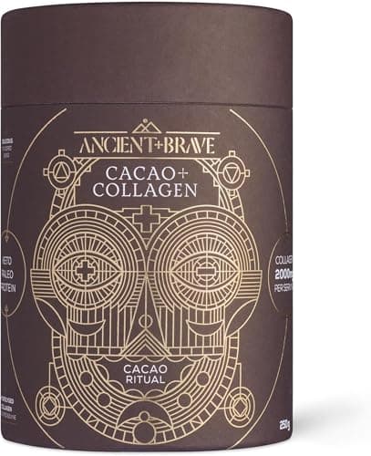 Image of Ancient + Brave - Cacao + Collagen Powder 250g - Peruvian Raw Cacao Hot Chocolate with Hydrolysed Bovine Collagen - Premium Blend of Organic Cocoa, Ashwagandha & Baobab - High Protein, Keto