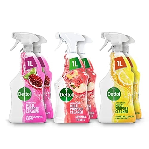 Image of Dettol Antibacterial Multipurpose Cleaner Multipack, Pomegranate & Lime, Summer Fruits, Sparkling Lemon Burst, 1L Each, Pack of 6, Multi-fragrance, Ideal for Home Hygiene