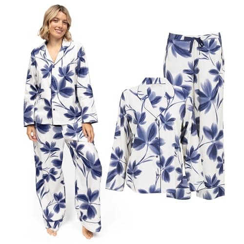 Image of Cyberjammies Indigo Womens Floral Print Wide Leg Pyjama Set | Soft Cotton Modal PJs | Ladies Lounge Wear Set for Relaxed Comfort