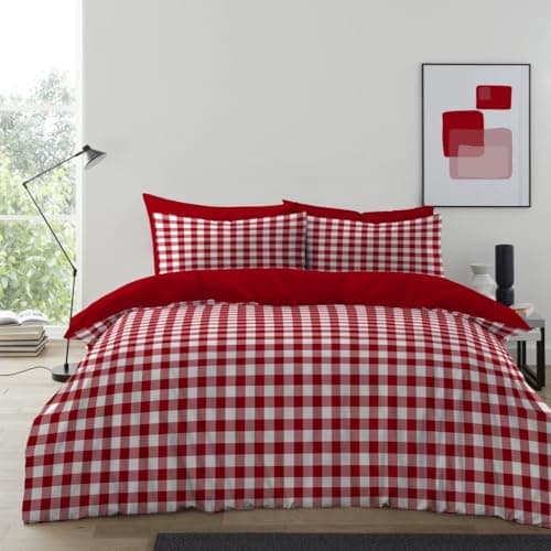 Image of Lions Red Gingham Bedding - 100% Polyester - Double Bed Size Checked Duvet Cover Set with Matching Pillowcase, Soft Microfibre Reversible Printed Quilt Covers, 200x200cm