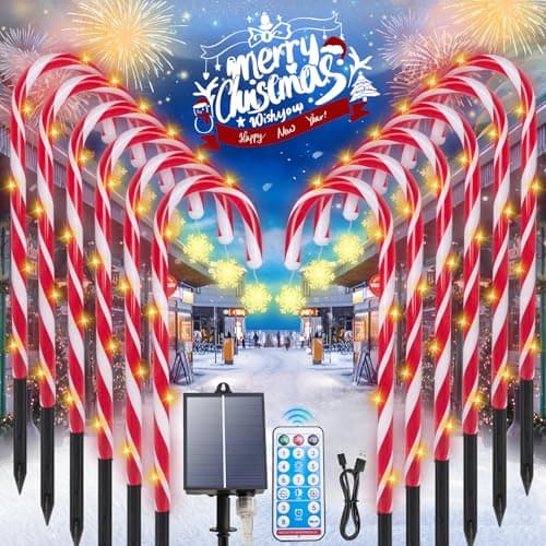 Image of YEPVIE Solar Candy Cane Lights, 12 Pack Waterproof Candy Cane Christmas Outdoor Lights, 8 Modes 1200mah Battery Solar Powered Outdoor Led Light for Christmas Pathway, Yard, Patio, Garden Decorations