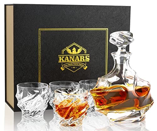 Image of KANARS Whisky Glasses and Decanter Set, 750 ml No-Lead Crystal Whiskey Decanter with 4× 260 ml Whiskey Glass, Birthday Gift Ideas for Dad Grandpa Boyfriend Husband, Stylish Gift Box, 5-Piece